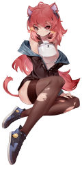 Rule 34 | 1girl, ahoge, animal ear fluff, animal ears, arknights, armor, bare shoulders, black jacket, black thighhighs, breastplate, female focus, full body, gravel (arknights), highres, jacket, long hair, looking at viewer, off shoulder, pink eyes, pink hair, shoes, simple background, sitting, solo, thighhighs, thighs, timwhale, torn clothes, torn thighhighs, very long hair, white background
