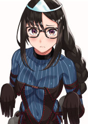 Rule 34 | 1girl, beppu mitsunaka, black-framed eyewear, black dress, black gloves, black hair, blue dress, blush, braid, braided ponytail, breasts, center opening, choker, closed mouth, covered navel, dress, elbow gloves, fate/grand order, fate (series), glasses, gloves, highres, layered dress, long hair, long sleeves, looking at viewer, medium breasts, purple eyes, ribbed dress, ribbon-trimmed dress, simple background, solo, very long hair, white background, yu mei-ren (fate), yu mei-ren (first ascension) (fate)
