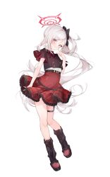 Rule 34 | 1girl, absurdres, black footwear, black shirt, blue archive, blush, boots, closed mouth, eme (emeralda), frilled skirt, frills, full body, grey hair, halo, highres, long hair, looking at viewer, mutsuki (blue archive), red eyes, red halo, red skirt, shirt, short sleeves, side ponytail, simple background, skirt, smile, solo, white background