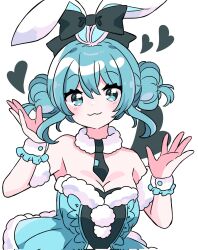 Rule 34 | 1girl, :3, amani wako, animal ears, bare shoulders, bicute bunnies miku, black bow, black necktie, blue dress, blue eyes, blue hair, blush, bow, breasts, double bun, dress, fur-trimmed dress, fur trim, hair bun, hatsune miku, heart, highres, looking at viewer, medium breasts, necktie, open hands, rabbit ears, simple background, smile, solo, strapless, strapless dress, tied ears, vocaloid, white background, wrist cuffs