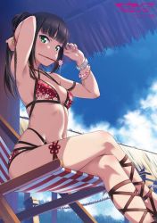 Rule 34 | 1girl, armpits, arms up, beach chair, bikini, black hair, blunt bangs, bracelet, copyright name, crossed legs, day, downscaled, floral print, green eyes, hair bun, hair ornament, hair stick, halterneck, jewelry, kurosawa dia, long hair, looking at viewer, love live!, love live! school idol festival, love live! sunshine!!, mole, mole under mouth, mouth hold, navel, one side up, outdoors, resized, side bun, single side bun, sitting, solo, straight hair, strappy heels, swimsuit, thigh strap