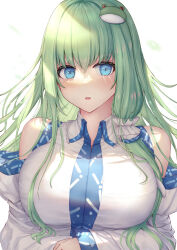 Rule 34 | 1girl, bare shoulders, blue eyes, blush, breasts, commentary, detached sleeves, frog hair ornament, green hair, hair between eyes, hair ornament, hair tubes, highres, japanese clothes, kochiya sanae, large breasts, liya, long hair, looking at viewer, nontraditional miko, open mouth, sidelocks, snake hair ornament, solo, touhou, upper body, white sleeves, wide sleeves