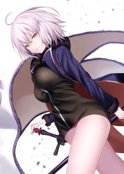 Rule 34 | 1girl, ahoge, black dress, breasts, coat, dress, fate/grand order, fate (series), flag, fur-trimmed coat, fur trim, hair between eyes, highres, hip focus, jeanne d&#039;arc (fate), jeanne d&#039;arc alter (fate), jeanne d&#039;arc alter (ver. shinjuku 1999) (fate), large breasts, looking at viewer, maosame, official alternate costume, open clothes, open coat, pale skin, short dress, short hair, silver hair, simple background, smile, solo, sword, thighs, weapon, white background, wicked dragon witch ver. shinjuku 1999, yellow eyes