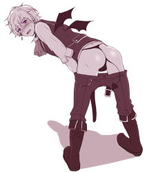 Rule 34 | 1boy, bat wings, belt, bent over, blush, boots, clothes pull, ascot, dorifesu!, earrings, from behind, jewelry, knee boots, ku--ma, looking back, male focus, monochrome, open mouth, pants, pants pull, sasaki junya, smile, solo, sweatdrop, thighhighs, waistcoat, wings