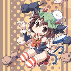 Rule 34 | 1girl, alternate costume, animal ears, bell, brown eyes, brown hair, cat, cat ears, cat tail, chen, earrings, fangs, female focus, ham (points), hat, instrument, jewelry, no pants, short hair, solo, striped clothes, striped thighhighs, tail, tambourine, thighhighs, too many, too many cats, touhou