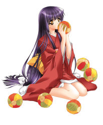 Rule 34 | ball, hair ribbon, japanese clothes, kimono, kneeling, long hair, purple hair, ribbon, tabi, thighhighs, yellow eyes