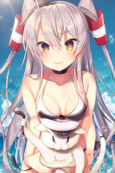 Rule 34 | 1girl, amatsukaze (kancolle), animal, bare shoulders, batsubyou, bikini, black bikini, blush, breasts, brown eyes, cat, choker, cleavage, collarbone, garrison cap, hair tubes, hat, highres, holding, holding animal, holding cat, kantai collection, long hair, looking at viewer, md5 mismatch, military hat, mini hat, resolution mismatch, side-tie bikini bottom, silver hair, small breasts, smile, solo, source larger, swimsuit, tahya, two side up, untied bikini