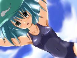 Rule 34 | 1girl, armpits, bad id, bad pixiv id, female focus, green eyes, green hair, hat, kawashiro nitori, matching hair/eyes, mumei (pokolv), one-piece swimsuit, outdoors, school swimsuit, sky, solo, swimsuit, touhou, two side up
