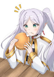 Rule 34 | 1girl, blush, burger, capelet, commentary, dress, earrings, eating, elf, food, frieren, green eyes, highres, holding, holding food, jewelry, long hair, pointy ears, simple background, solo, sousou no frieren, suzuka (suzukawu), table, thick eyebrows, twintails, white background, white capelet, white dress, white hair