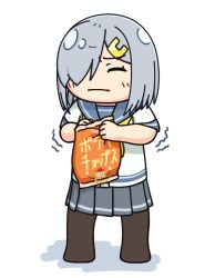 Rule 34 | 1girl, bag, bag of chips, black pantyhose, blue sailor collar, blush, chips (food), closed eyes, closed mouth, commentary request, food, grey skirt, hair ornament, hairclip, hama! (3toshinhmkz), hamakaze (kancolle), kantai collection, neckerchief, open bag, pantyhose, pleated skirt, sailor collar, school uniform, shadow, shirt, short hair, silver hair, simple background, skirt, solo, uniform, white background, white shirt, yellow neckerchief