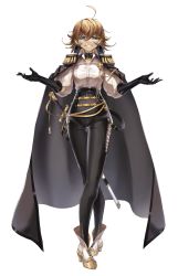 Rule 34 | 1girl, absurdres, ahoge, alternate costume, black cape, black gloves, black legwear, black pants, blonde hair, blue eyes, cape, casul, commentary, cross, cross-laced clothes, crossed legs, epaulettes, fringe trim, full body, gloves, gold trim, grin, high-waist pants, highres, iron cross, crossed legs, medal, aged up, outstretched arms, pants, shirt, short hair, smile, solo, spread arms, sword, tanya degurechaff, uneven eyes, watson cross, weapon, white background, white footwear, white shirt, youjo senki