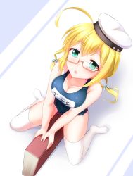 Rule 34 | 10s, 1girl, ahoge, blonde hair, book, breasts, cleavage, faubynet, from above, glasses, green eyes, hat, highres, i-8 (kancolle), kantai collection, large breasts, looking at viewer, looking up, low twintails, name tag, one-piece swimsuit, peaked cap, red-framed eyewear, school swimsuit, semi-rimless eyewear, solo, straddling, swimsuit, swimsuit under clothes, thighhighs, twintails, under-rim eyewear, white thighhighs