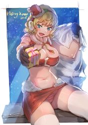 Rule 34 | 1girl, 2018, :d, adapted costume, blonde hair, blue background, blue eyes, bow (bhp), breasts, christmas, cleavage, english text, fang, fur trim, gloves, hairband, hand up, hat, holding, large breasts, looking at viewer, merry christmas, microskirt, mini hat, navel, open mouth, original, panties, pantyshot, pencil skirt, pink panties, red skirt, revision, sack, santa costume, santa hat, short hair, sitting, skirt, smile, solo, striped clothes, striped panties, thighhighs, underwear, white thighhighs
