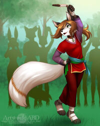 Rule 34 | 1girl, animal ears, animal nose, body fur, brown hair, collar, forest, furry, furry female, gem, grass, green eyes, green gemstone, highres, holding, holding weapon, jewelry, knife, nature, original, outdoors, pants, people, red collar, red pants, solo, tail, weapon, white fur, wolf ears, wolf girl