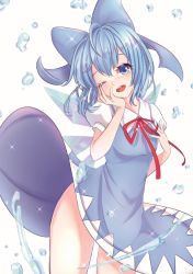 Rule 34 | 1girl, blue bow, blue eyes, blue hair, blush, bow, cirno, hair bow, head in hand, looking at viewer, one eye closed, open mouth, puffy short sleeves, puffy sleeves, red ribbon, ribbon, saltycaramel, short hair, short sleeves, smile, solo, touhou, water drop