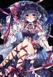 Rule 34 | 1girl, alternate costume, bad id, bad pixiv id, bat wings, bow, detached sleeves, doll joints, frills, ginzuki ringo, gloves, gothic lolita, gradient eyes, hairband, highres, joints, lolita fashion, lolita hairband, looking at viewer, multicolored eyes, purple eyes, remilia scarlet, ribbon, short hair, silver hair, sitting, solo, touhou, white gloves, wings