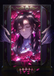 Rule 34 | 1boy, absurdres, black hair, blood, box, chinese commentary, cloak, closed eyes, closed mouth, constantine xi (fate), crown, unworn crown, curtained hair, earrings, fate/grand order, fate (series), flower, glint, gloves, hair between eyes, highres, in box, in container, jewelry, light particles, long hair, male focus, out of frame, pink blood, pink flower, pink rose, portrait, qingyuan, rose, solo, white cloak, white gloves