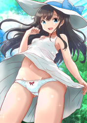 Rule 34 | 1girl, alternate costume, asashio (kancolle), black hair, blue eyes, commentary request, cowboy shot, dress, fuji (pixiv24804665), hat, highres, kantai collection, long hair, open mouth, panties, round teeth, solo, standing, sun hat, sundress, teeth, underwear, upper teeth only, white dress, white hat, white panties