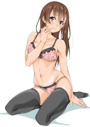 Rule 34 | 1girl, absurdres, black thighhighs, bra, breasts, brown eyes, brown hair, cleavage, collarbone, frilled bra, frilled panties, frills, full body, groin, highres, kantai collection, long hair, looking at viewer, maonatten, medium breasts, navel, ooi (kancolle), panties, parted lips, pink bra, pink panties, simple background, sitting, solo, thighhighs, underwear, underwear only, wariza, white background