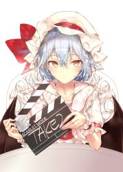 Rule 34 | 1girl, bat wings, blue hair, blush, bow, chair, clapperboard, collarbone, commentary request, dress, frilled shirt collar, frills, hair between eyes, hat, hat bow, highres, holding, looking at viewer, mob cap, puffy short sleeves, puffy sleeves, red bow, red eyes, red sash, remilia scarlet, sakusyo, sash, short hair, short sleeves, simple background, solo, table, touhou, upper body, white background, white dress, white hat, wings, wrist cuffs