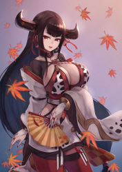 Rule 34 | 1girl, absurdres, animal print, black hair, black nails, bra, breasts, bridal gauntlets, cleavage, collar, cow print, eyeshadow, folding fan, hand fan, highres, horn ornament, horn ribbon, horns, huge filesize, japanese clothes, large breasts, leaf, long hair, long sleeves, looking at viewer, low-tied long hair, makeup, mole, mole on breast, nail polish, open mouth, re:act, red bra, red eyes, red ribbon, red thighhighs, ribbon, rope, shimenawa, shrug (clothing), smile, solo, standing, thighhighs, underwear, ushio tia, very long hair, virtual youtuber, wide sleeves, yasu (segawahiroyasu)