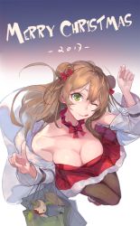 Rule 34 | 1girl, 2017, ;q, bare shoulders, black pantyhose, bow, breasts, brown hair, choker, cleavage, coat, collarbone, double bun, downblouse, dress, gen (bividgen), girls&#039; frontline, green eyes, hair bow, hair bun, highres, index finger raised, large breasts, merry christmas, official alternate costume, one eye closed, open clothes, open coat, pantyhose, red bow, red dress, rfb (girls&#039; frontline), rfb (how rfb stole xmas) (girls&#039; frontline), short dress, solo, strapless, strapless dress, tongue, tongue out, tube dress