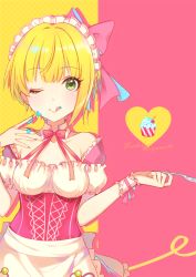 Rule 34 | 1girl, apron, asymmetrical hair, bare shoulders, blonde hair, blush, bow, breasts, character name, collarbone, cupcake, detached collar, dress, food, fork, frills, green eyes, haikimono shounen, hair bow, headdress, heart, icing, idolmaster, idolmaster cinderella girls, licking lips, looking at viewer, medium breasts, miyamoto frederica, neck ribbon, one eye closed, pink background, pink dress, ribbon, short hair, simple background, smile, solo, tongue, tongue out, underbust, wrist cuffs, yellow background