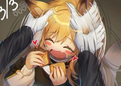 Rule 34 | 1girl, 1other, :d, ^ ^, afterimage, ahoge, animal ear fluff, animal ears, arknights, baggy clothes, biscuit (bread), black coat, black dress, blonde hair, blush stickers, ceobe (arknights), closed eyes, coat, commentary request, dated, doctor (arknights), dog ears, dog tail, dress, eating, fang, food, gloves, grey background, hair between eyes, headpat, heart, holding, holding food, infection monitor (arknights), jacket, long hair, long sleeves, mitake eil, open mouth, sidelocks, signature, simple background, skin fang, smile, standing, tail, upper body, white gloves