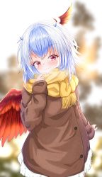 Rule 34 | 1girl, absurdres, alternate costume, arm at side, arm up, besuteia, blue hair, blurry, blurry background, bob cut, brown coat, coat, commentary request, cowboy shot, day, duffel coat, feathered wings, fur-trimmed coat, fur trim, head tilt, head wings, highres, horns, looking at viewer, multicolored hair, outdoors, red eyes, red wings, scarf, short hair, sleeves past wrists, smile, solo, standing, tokiko (touhou), touhou, two-tone hair, white hair, wings, yellow scarf