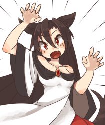 Rule 34 | 1girl, animal ears, blush, breasts, brooch, brown hair, collarbone, dress, fang, imaizumi kagerou, jewelry, kaginoni, long hair, long sleeves, looking at viewer, off-shoulder shirt, off shoulder, open mouth, red eyes, shirt, solo, tail, touhou, wide sleeves, wolf ears, wolf tail