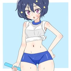 Rule 34 | 1girl, baton, black hair, blue background, blush, breasts, buruma, check commentary, commentary, commentary request, dripping, flower, gym uniform, hair between eyes, hair flower, hair ornament, hand on own hip, highres, midriff, mizuno ai, navel, open mouth, pink eyes, shirt, short hair, short sleeves, sleeves rolled up, small breasts, sportswear, sweat, tekisui, thick thighs, thighs, tied shirt, white shirt, wide hips, zombie land saga