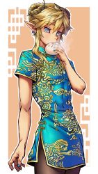 Rule 34 | 1boy, abs, black pantyhose, blonde hair, blue eyes, china dress, chinese clothes, crossdressing, dannrei3636, dress, eating, food, highres, link, male focus, nail polish, nintendo, pantyhose, pointy ears, the legend of zelda, trap