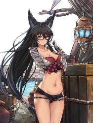 Rule 34 | 1girl, :/, animal ears, bandaged arm, bandages, barrel, bikini, bikini under clothes, black-framed eyewear, black shorts, box, braid, breast hold, breasts, brown eyes, cleavage, collarbone, crate, creature, crop top, cutoffs, fox ears, harbor, lantern, legs together, long hair, long sleeves, looking at viewer, low-tied long hair, medium breasts, navel, official alternate costume, open clothes, open fly, open shirt, outdoors, pier, playing with own hair, red bikini, rope, shirt, short shorts, shorts, side braid, sketch, solo, standing, stomach, swimsuit, tales of (series), tales of berseria, thighhighs, torn clothes, torn shorts, unbuttoned, velvet crowe, very long hair, water, white crow, wood, wooden box