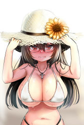 Rule 34 | 1girl, bikini, blush, breasts, brown eyes, brown hair, cleavage, covered erect nipples, cross, cross necklace, flower, glasses, gradient background, hands on headwear, hat, hat flower, highres, holding, jewelry, large breasts, long hair, looking at viewer, multicolored bikini, multicolored clothes, navel, necklace, original, parted lips, revision, simple background, solo, sun hat, sunflower, sweat, swimsuit, unname
