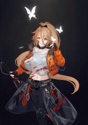 Rule 34 | 1girl, belt, black background, black choker, black pants, blonde hair, blood, blood on clothes, blood on face, breasts, bug, butterfly, butterfly on hand, chest sarashi, choker, collarbone, commentary request, cowboy shot, cuts, fingerless gloves, fur collar, girls&#039; frontline, girls&#039; frontline neural cloud, gloves, highres, injury, insect, jacket, jewelry, knee pads, light smile, long hair, looking at viewer, midriff, moran (pixiv27824646), navel, necklace, orange eyes, orange jacket, pants, ponytail, rope, sarashi, shirt, simple background, small breasts, sol (neural cloud), solo, sword, torn clothes, torn shirt, underboob, weapon, white butterfly, white shirt