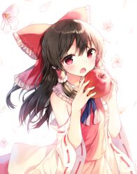 Rule 34 | 1girl, apple, ascot, bad id, bad pixiv id, black hair, blush, bow, detached sleeves, eating, eyebrows, flower, food, fruit, gloves, hair bow, hair tubes, hakurei reimu, holding, holding food, holding fruit, japanese clothes, long hair, looking at viewer, miko, open mouth, petals, red eyes, ribbon-trimmed gloves, ribbon-trimmed sleeves, ribbon trim, shnva, simple background, solo, touhou, upper body, white background, wide sleeves