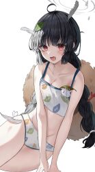 Rule 34 | 1girl, bare arms, bikini, black hair, blue archive, blush, braid, breasts, bright pupils, collarbone, cyr7629, fang, furrowed brow, highres, leaf print, looking at viewer, miyu (blue archive), miyu (swimsuit) (blue archive), open mouth, print bikini, red eyes, simple background, small breasts, solo, swimsuit, twin braids, white background, white bikini, white pupils