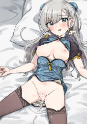 Rule 34 | 1girl, after vaginal, aftersex, bar censor, blue eyes, blush, breasts, bun cover, censored, china dress, chinese clothes, clothes lift, cum, cum in pussy, dress, dress lift, earrings, grey hair, hisakawa hayate, idolmaster, idolmaster cinderella girls, jewelry, kusugi tai, long hair, looking at viewer, lying, medium breasts, nipples, on back, open mouth, pillow, pussy, shrug (clothing), smile, solo, sweat, tassel, tassel earrings, thighhighs
