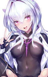 Rule 34 | 1girl, :d, barefoot, blush, bodysuit, covered erect nipples, covered navel, fate/grand order, fate/grand order arcade, fate (series), hair intakes, highres, hood, long hair, merlin (fate/prototype), merlin (fate/prototype) (second ascension), open mouth, pantyhose, pink eyes, robe, silly (marinkomoe), simple background, smile, solo, toenails, tongue, w, white background, white hair