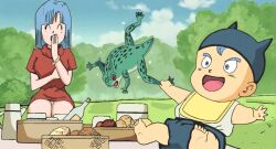 Rule 34 | 1boy, 1girl, artist request, blue hair, bulma, closed eyes, covering own mouth, dragon ball, dragonball z, flashback, frog, hand over own mouth, mother and son, non-web source, open mouth, panties, picnic, red shirt, shirt, sitting, source request, trunks (dragon ball), underwear, white panties