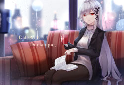 Rule 34 | 1girl, alternate costume, azur lane, black jacket, black pantyhose, book, breasts, butterfly hair ornament, city lights, cityscape, cross, cross necklace, cup, dunkerque (azur lane), eternity (pixiv8012826), grey hair, hair ornament, heart, highres, holding, holding cup, indoors, jacket, jewelry, large breasts, long hair, looking at viewer, necklace, open clothes, open jacket, pantyhose, pink eyes, rain, ribbed shirt, shirt, sidelocks, sitting, solo, turtleneck, white shirt, window