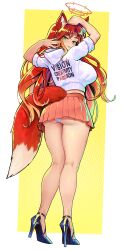 animal_ears anklet breasts fox_ears fox_tail green_eyes halo hands_up high_heels hood hoodie icecreamteam jewelry kuriimutenshi_(virtual_youtuber) large_breasts looking_back meme_attire panties red_hair red_skirt skirt tail two-tone_background underwear upskirt virtual_youtuber white_hoodie white_panties