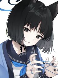 Rule 34 | 1girl, absurdres, animal ear fluff, animal ears, black eyes, black hair, black nails, blue archive, blue halo, blue neckerchief, blue sailor collar, cat&#039;s cradle, cat ears, commentary request, fingernails, halo, hands up, haori, head tilt, highres, japanese clothes, kikyou (blue archive), looking at viewer, nail polish, neckerchief, open mouth, sailor collar, sasakichi (ssk chi), shirt, short hair, simple background, solo, white background, white shirt