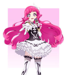 Rule 34 | 1girl, :d, dress, enouchi ai, gloves, gradient background, hair ornament, holding, hojo sophy, idol, long hair, looking at viewer, microphone, open mouth, outside border, outstretched arm, pink eyes, pink hair, pretty series, pripara, purple eyes, reaching, red hair, smile, solo, thighhighs, white gloves