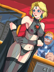 Rule 34 | 1boy, 1girl, :o, alternate costume, armpits, bare shoulders, black gloves, black panties, blonde hair, blue eyes, blush, breasts, building, capcom, circlet, cityscape, clenched hands, clenched teeth, cloud, collarbone, covered erect nipples, dutch angle, earrings, elbow gloves, embarrassed, gem, gloves, groin, halterneck, hand on own hip, heart, hoop earrings, indoors, jewelry, lace, lace-trimmed gloves, lace-trimmed legwear, lace-trimmed panties, lace trim, lingerie, looking down, lost worlds (game), nanashi no chousenshi 1p, navel, night, night sky, nipples, open clothes, open mouth, own hands together, panties, pubic hair, qkat, qkat (arikawa-dou), see-through, shawl, short hair, sky, skyscraper, solo focus, standing, string panties, sunglasses, sylphie, teeth, thighhighs, turtleneck, underbust, underwear, window