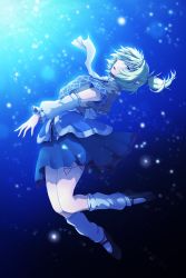 Rule 34 | 1girl, arm warmers, blonde hair, bubble, green eyes, highres, isaki (gomi), leg warmers, looking at viewer, mizuhashi parsee, pointy ears, ponytail, profile, scarf, short hair, short sleeves, solo, sparkle, touhou, underwater, white scarf