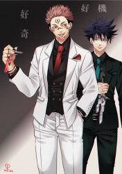 Rule 34 | 2boys, aqua necktie, arm tattoo, belt, black hair, black jacket, black nails, black pants, black shirt, black vest, buttoned cuffs, buttons, closed mouth, collared shirt, commentary request, dress shirt, evil smile, extra eyes, eyelashes, facial tattoo, fingernails, formal, fushiguro megumi, green eyes, hair between eyes, hand in pocket, holding, holding key, holding weapon, jacket, jujutsu kaisen, key, long sleeves, looking at another, male focus, multiple boys, nail polish, necktie, pants, pink hair, red eyes, red necktie, ryoumen sukuna (jujutsu kaisen), sato zero915, shirt, short hair, simple background, smile, spiked hair, suit, tattoo, undercut, vest, weapon, white jacket, white pants, yaoi