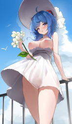 Rule 34 | 1girl, :o, absurdres, ahoge, berserker r, bird, blue hair, blue sky, blush, bow, breasts, breasts out, cameltoe, clothes pull, cloud, covered navel, dress, dress pull, flower, frills, ganyu (genshin impact), genshin impact, hand on railing, hat, hat bow, highres, holding, holding flower, horns, large breasts, legs, long hair, looking at viewer, nipples, no nose, no panties, open mouth, panties, purple eyes, pussy, qingxin flower, railing, see-through, see-through dress, short dress, sidelocks, sky, solo, strap slip, sun hat, thighs, underwear, white dress, wind, wind lift