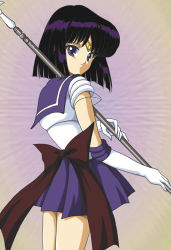 Rule 34 | 1girl, bishoujo senshi sailor moon, black hair, bow, brown bow, cowboy shot, elbow gloves, gloves, hino ryutaro, looking at viewer, magical girl, over shoulder, pleated skirt, purple background, purple eyes, purple skirt, sailor collar, sailor saturn, short hair, silence glaive, skirt, smile, solo, staff, super sailor saturn, tiara, tomoe hotaru, white gloves