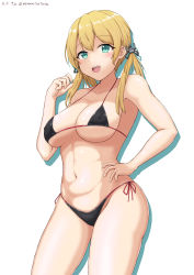 Rule 34 | 1girl, :d, absurdres, alternate costume, anchor hair ornament, aqua eyes, bikini, black bikini, blonde hair, breasts, cleavage, collarbone, commentary request, covered erect nipples, dated, hair ornament, hand on own hip, hand up, highres, kantai collection, large breasts, long hair, menodesu., micro bikini, navel, open mouth, playing with own hair, prinz eugen (kancolle), shadow, shiny skin, side-tie bikini bottom, smile, solo, stomach, string bikini, swimsuit, teeth, thighs, twintails, twitter username, upper teeth only, white background